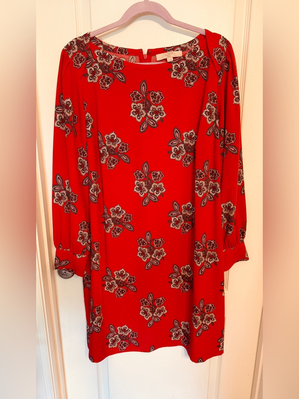 LOFT Red Floral Long Sleeve Shift Dress with Black & White Accents